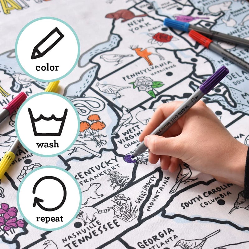 eatsleepdoodle Coloring US Map Tablecloth for Kids â€“ Reusable Washable Activity Table Cover with 10pcs Washable Markers, Fun Arts & Crafts for Boys & Girls, Activity Blanket for Parties, Birthdays - Image 5